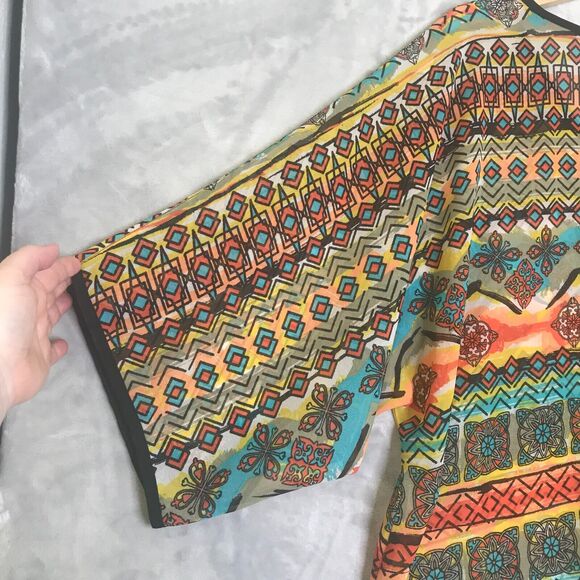 Ali Miles Top Womens 1X Orange Blue Geometric Print Semi Sheer V Neck Front Tie - Picture 4 of 10